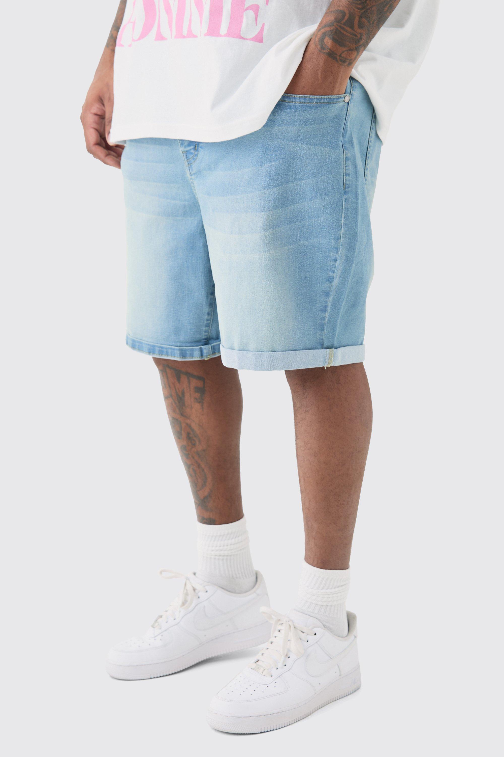 Mens Grey Plus Stretch Denim Slim Fit Shorts In Light Blue, Grey